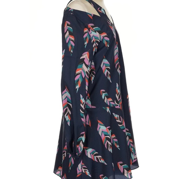 Crosby by Mollie burch blue and multi color feathers cold shoulder long sleeves - Picture 3 of 5